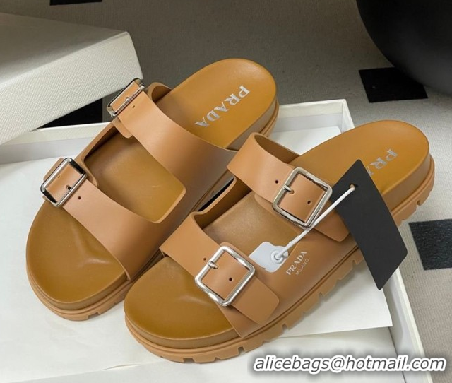 Shop Cheap Prada Leather Flat Slides Sandal with Double Buckle Brown PR022803 0228038