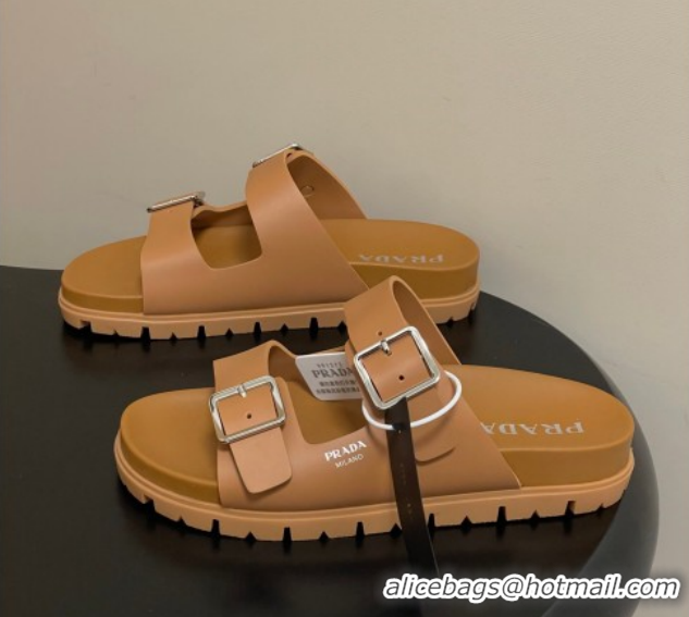 Shop Cheap Prada Leather Flat Slides Sandal with Double Buckle Brown PR022803 0228038