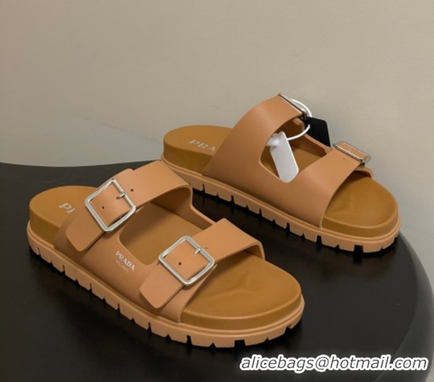 Shop Cheap Prada Leather Flat Slides Sandal with Double Buckle Brown PR022803 0228038