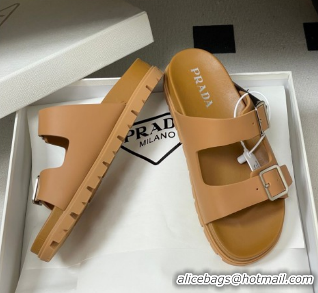 Shop Cheap Prada Leather Flat Slides Sandal with Double Buckle Brown PR022803 0228038