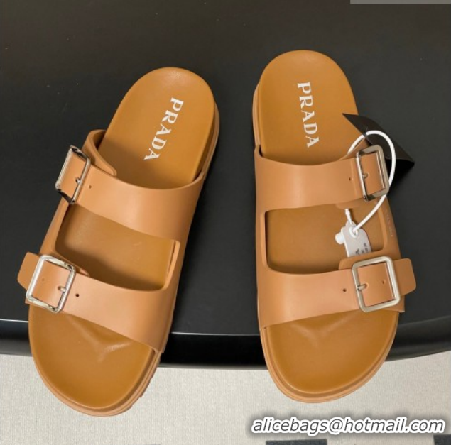 Shop Cheap Prada Leather Flat Slides Sandal with Double Buckle Brown PR022803 0228038