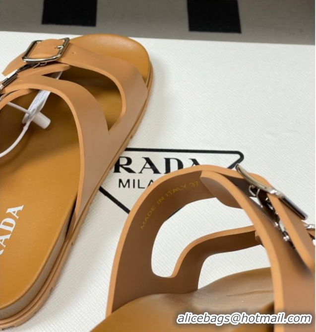 Shop Cheap Prada Leather Flat Slides Sandal with Double Buckle Brown PR022803 0228038