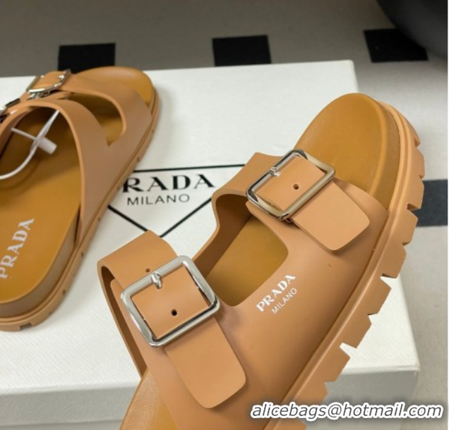 Shop Cheap Prada Leather Flat Slides Sandal with Double Buckle Brown PR022803 0228038