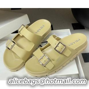 Perfect Prada Leather Flat Slides Sandal with Double Buckle Yellow PR022803 0228039