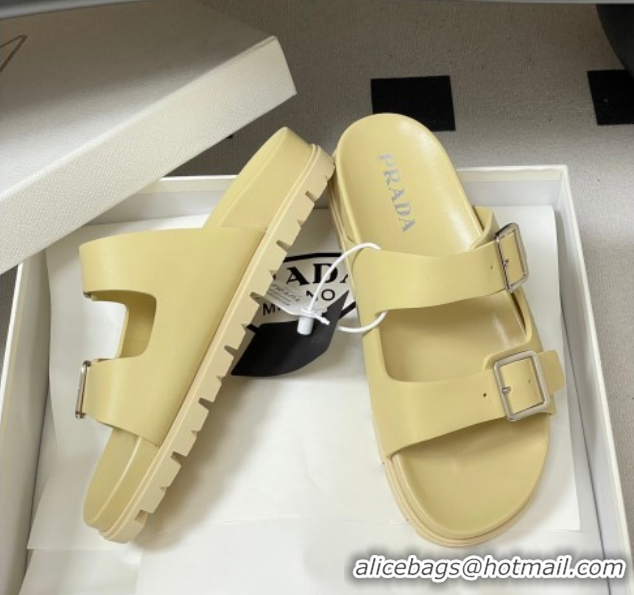 Perfect Prada Leather Flat Slides Sandal with Double Buckle Yellow PR022803 0228039