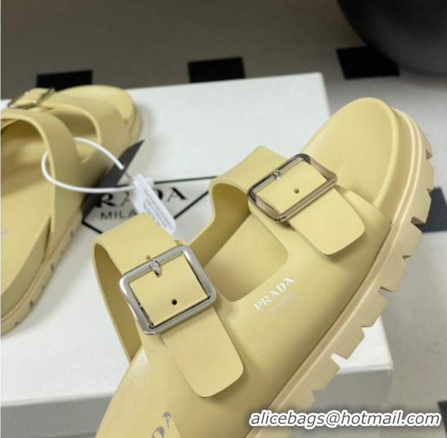 Perfect Prada Leather Flat Slides Sandal with Double Buckle Yellow PR022803 0228039