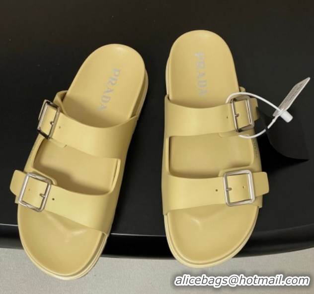 Perfect Prada Leather Flat Slides Sandal with Double Buckle Yellow PR022803 0228039