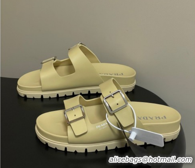 Perfect Prada Leather Flat Slides Sandal with Double Buckle Yellow PR022803 0228039