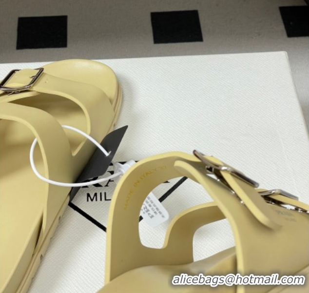 Perfect Prada Leather Flat Slides Sandal with Double Buckle Yellow PR022803 0228039