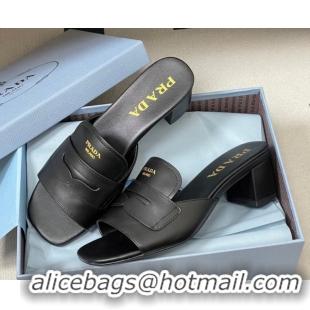 Grade Quality Prada Leather Heel Slides Sandal 3.5cm with Strap Black 1XX781 0228040