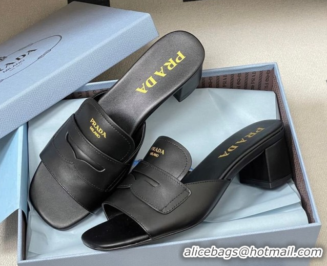 Grade Quality Prada Leather Heel Slides Sandal 3.5cm with Strap Black 1XX781 0228040