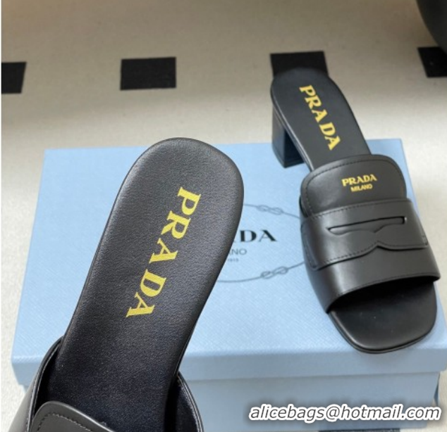 Grade Quality Prada Leather Heel Slides Sandal 3.5cm with Strap Black 1XX781 0228040