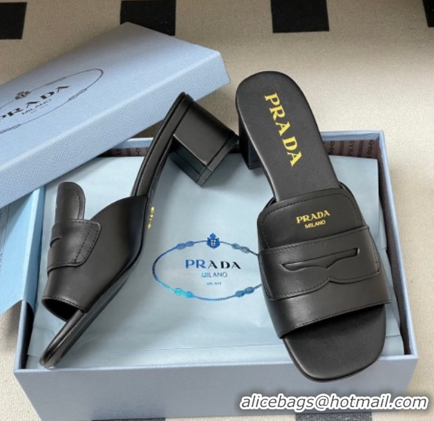 Grade Quality Prada Leather Heel Slides Sandal 3.5cm with Strap Black 1XX781 0228040