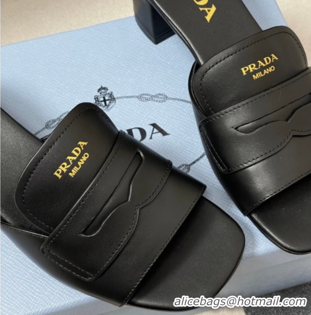 Grade Quality Prada Leather Heel Slides Sandal 3.5cm with Strap Black 1XX781 0228040