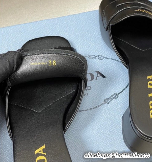 Grade Quality Prada Leather Heel Slides Sandal 3.5cm with Strap Black 1XX781 0228040