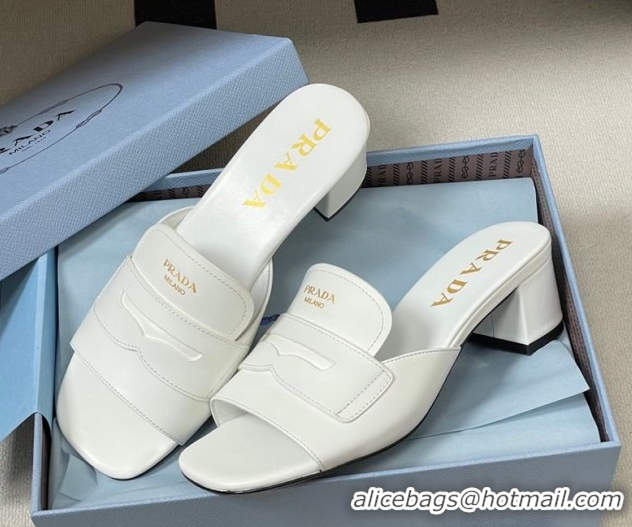 Luxury Prada Leather Heel Slides Sandal 3.5cm with Strap White 1XX781 0228041