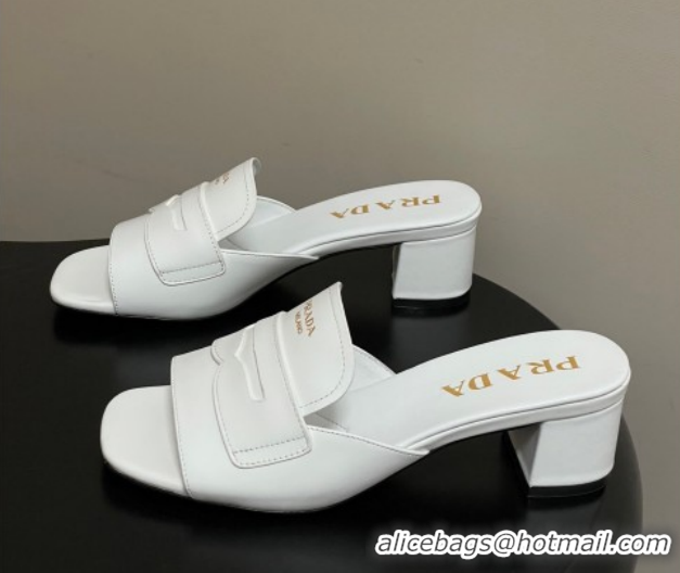 Luxury Prada Leather Heel Slides Sandal 3.5cm with Strap White 1XX781 0228041