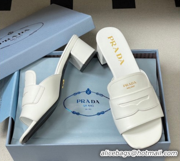 Luxury Prada Leather Heel Slides Sandal 3.5cm with Strap White 1XX781 0228041