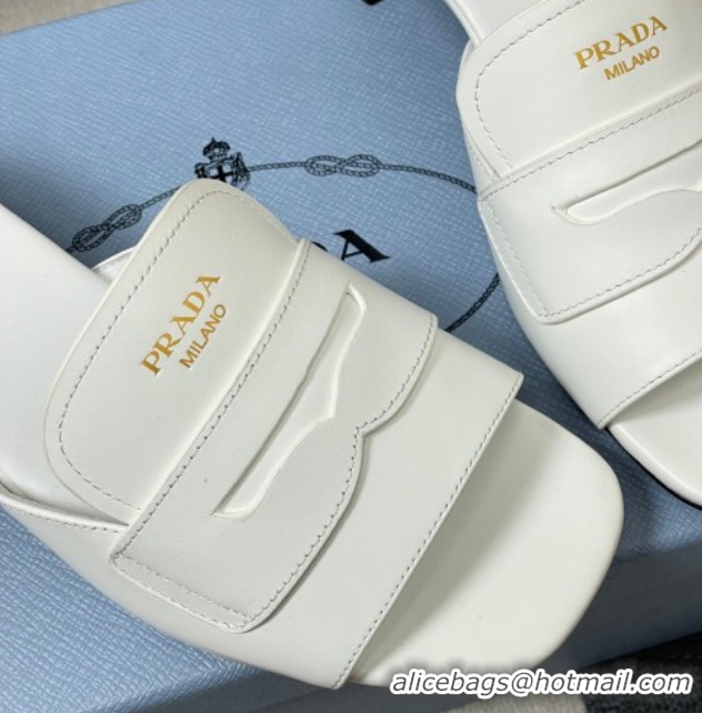 Luxury Prada Leather Heel Slides Sandal 3.5cm with Strap White 1XX781 0228041