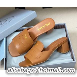 Pretty Style Prada Leather Heel Slides Sandal 3.5cm with Strap Brown 1XX781 0228042