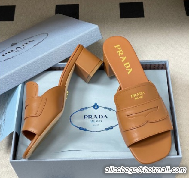 Pretty Style Prada Leather Heel Slides Sandal 3.5cm with Strap Brown 1XX781 0228042