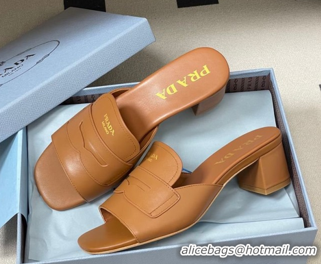 Pretty Style Prada Leather Heel Slides Sandal 3.5cm with Strap Brown 1XX781 0228042