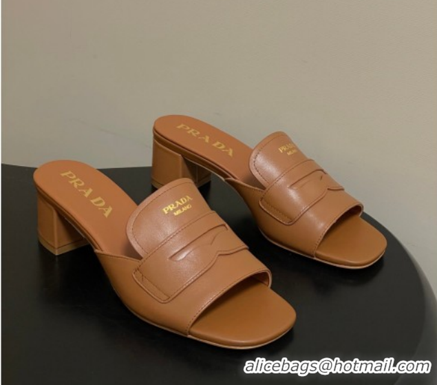 Pretty Style Prada Leather Heel Slides Sandal 3.5cm with Strap Brown 1XX781 0228042