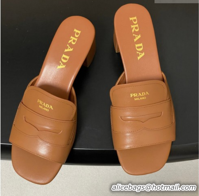Pretty Style Prada Leather Heel Slides Sandal 3.5cm with Strap Brown 1XX781 0228042