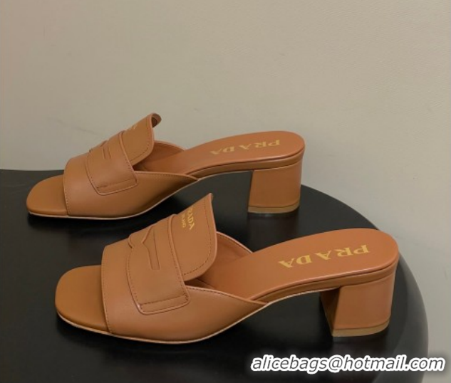 Pretty Style Prada Leather Heel Slides Sandal 3.5cm with Strap Brown 1XX781 0228042