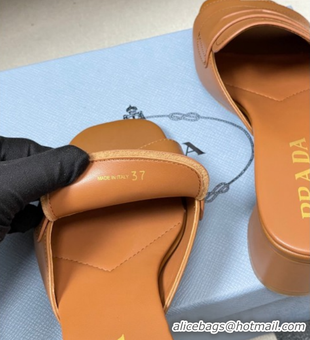 Pretty Style Prada Leather Heel Slides Sandal 3.5cm with Strap Brown 1XX781 0228042