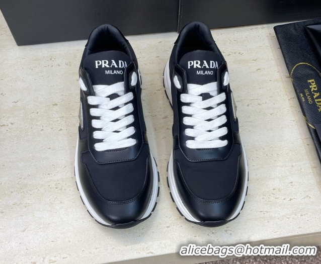 Fashion Prada Men's Prax 01 nylon and leather sneakers Black/White 1E804M 0228043