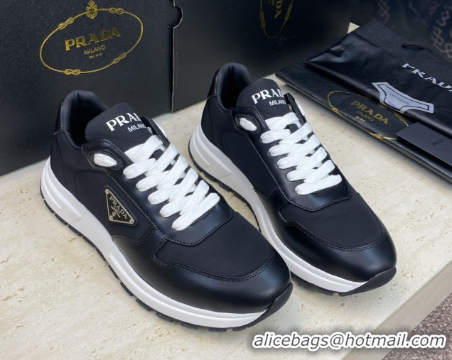 Fashion Prada Men's Prax 01 nylon and leather sneakers Black/White 1E804M 0228043