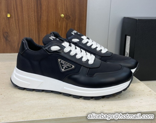 Fashion Prada Men's Prax 01 nylon and leather sneakers Black/White 1E804M 0228043