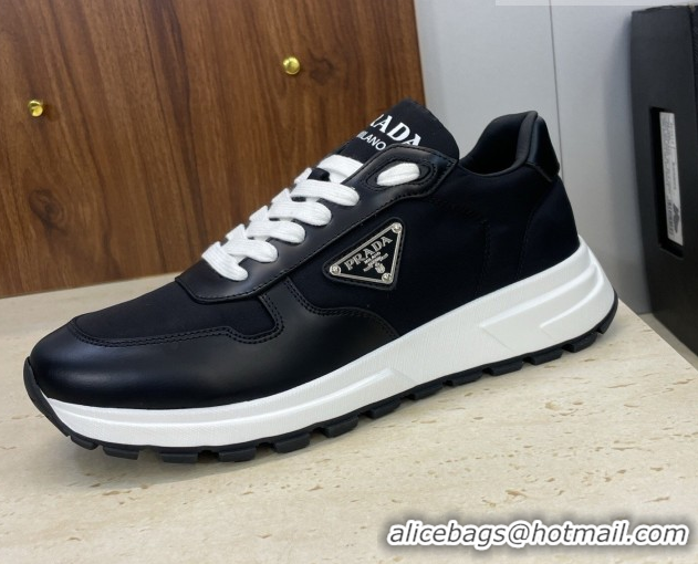 Fashion Prada Men's Prax 01 nylon and leather sneakers Black/White 1E804M 0228043