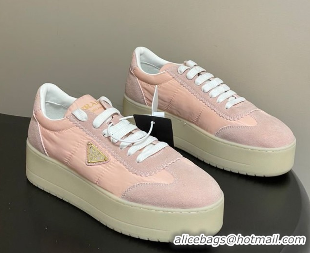 Sumptuous Prada Downtown Bold Nylon and Suede Platform Sneakers 5cm Light Pink 0228049