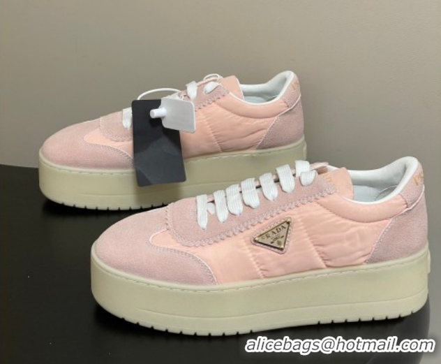 Sumptuous Prada Downtown Bold Nylon and Suede Platform Sneakers 5cm Light Pink 0228049