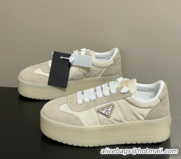 Sophisticated Prada Downtown Bold Nylon and Suede Platform Sneakers 5cm Light Beige 0228050