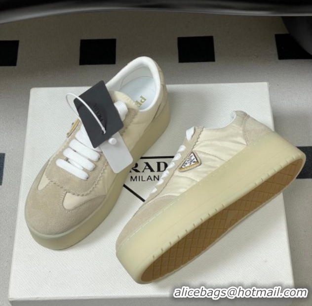Sophisticated Prada Downtown Bold Nylon and Suede Platform Sneakers 5cm Light Beige 0228050