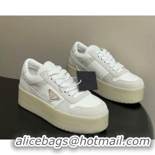 Expensive Prada Downtown Bold Nylon and Suede Platform Sneakers 5cm White 0228051