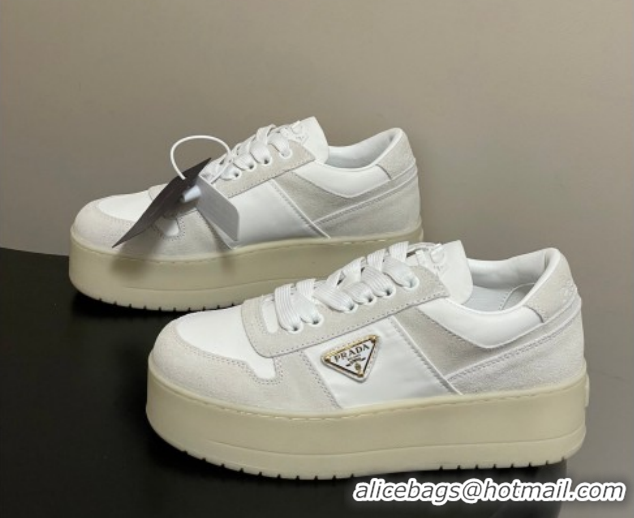 Expensive Prada Downtown Bold Nylon and Suede Platform Sneakers 5cm White 0228051