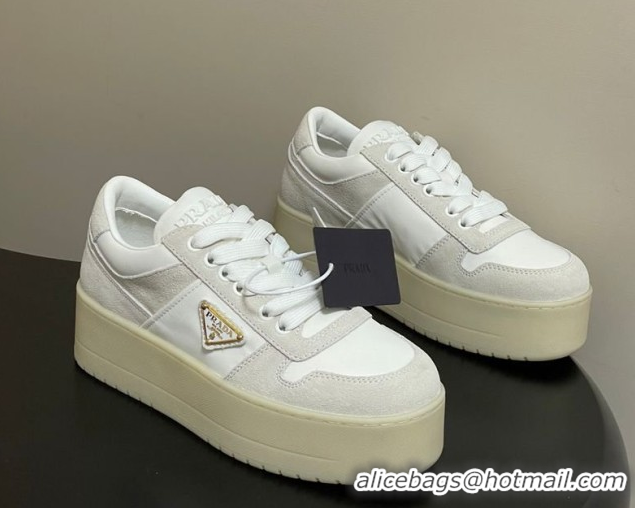 Expensive Prada Downtown Bold Nylon and Suede Platform Sneakers 5cm White 0228051