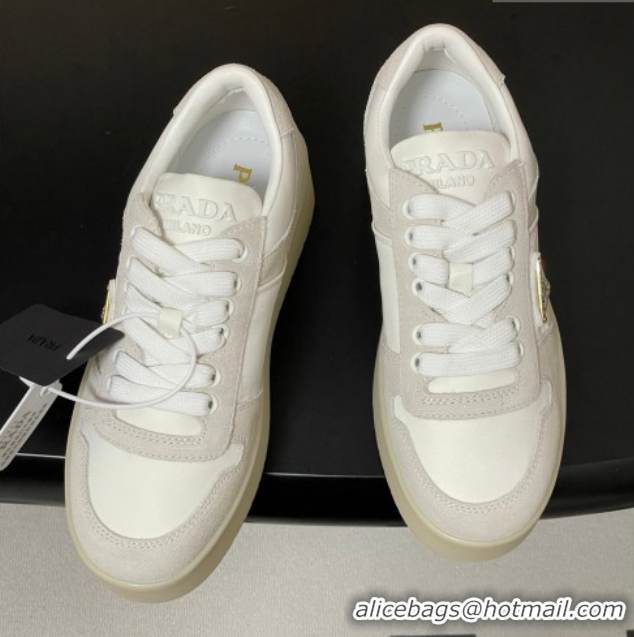 Expensive Prada Downtown Bold Nylon and Suede Platform Sneakers 5cm White 0228051