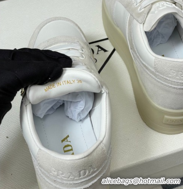 Expensive Prada Downtown Bold Nylon and Suede Platform Sneakers 5cm White 0228051