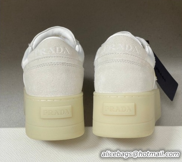 Expensive Prada Downtown Bold Nylon and Suede Platform Sneakers 5cm White 0228051