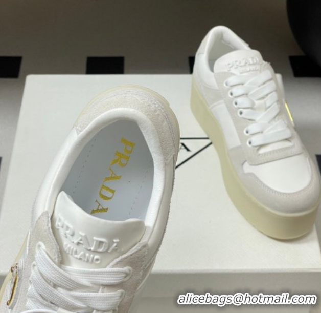 Expensive Prada Downtown Bold Nylon and Suede Platform Sneakers 5cm White 0228051