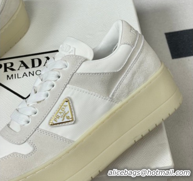 Expensive Prada Downtown Bold Nylon and Suede Platform Sneakers 5cm White 0228051