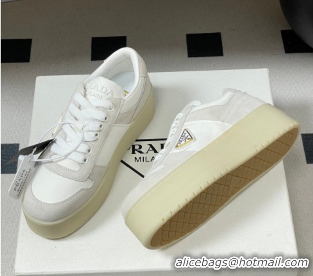 Expensive Prada Downtown Bold Nylon and Suede Platform Sneakers 5cm White 0228051