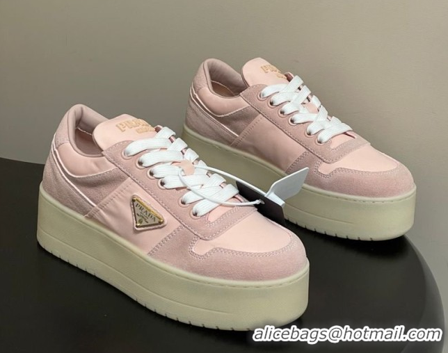 Stylish Prada Downtown Bold Nylon and Suede Platform Sneakers 5cm Pink2 1E792M 0228052