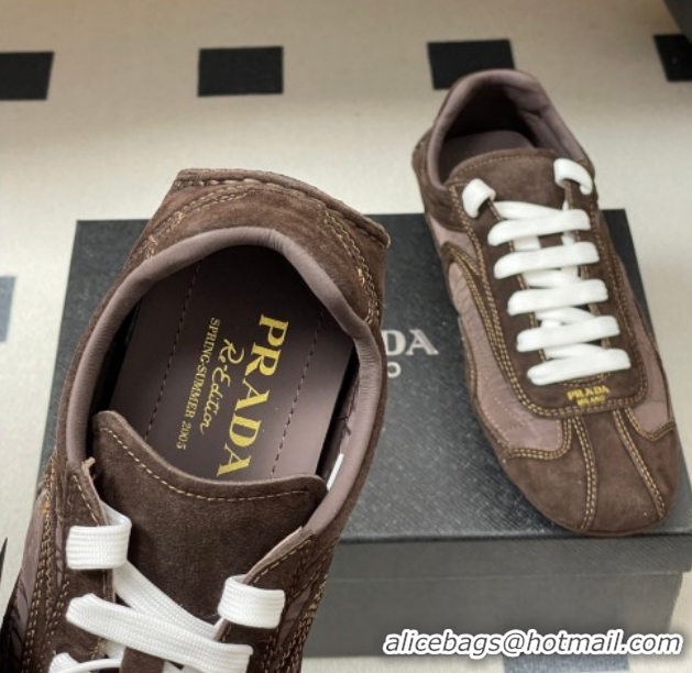 Buy Luxury Prada Montecarlo Re-Edition 2005 suede and Re-Nylon sneakers Dark Brown 1E247O 0228066