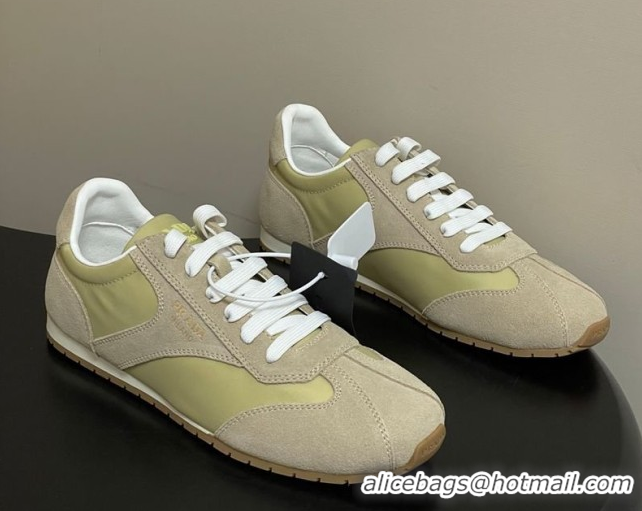 Best Price Prada Re-Nylon and suede laced sneakers Beige/Green 1E152O 60228075